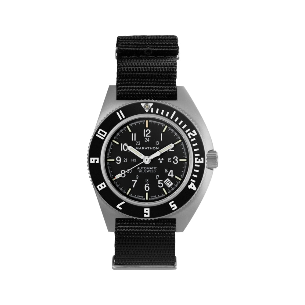 Marathon SSNAV D Automatic 41mm black navigator watch with stainless steel case on a black nylon NATO strap
