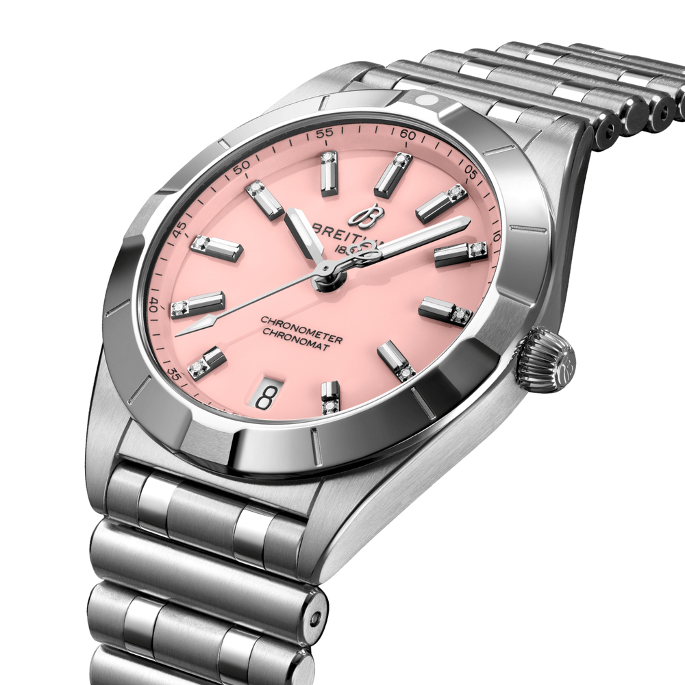 Chronomat 32mm Stainless Steel - Pink with Diamonds on Markers