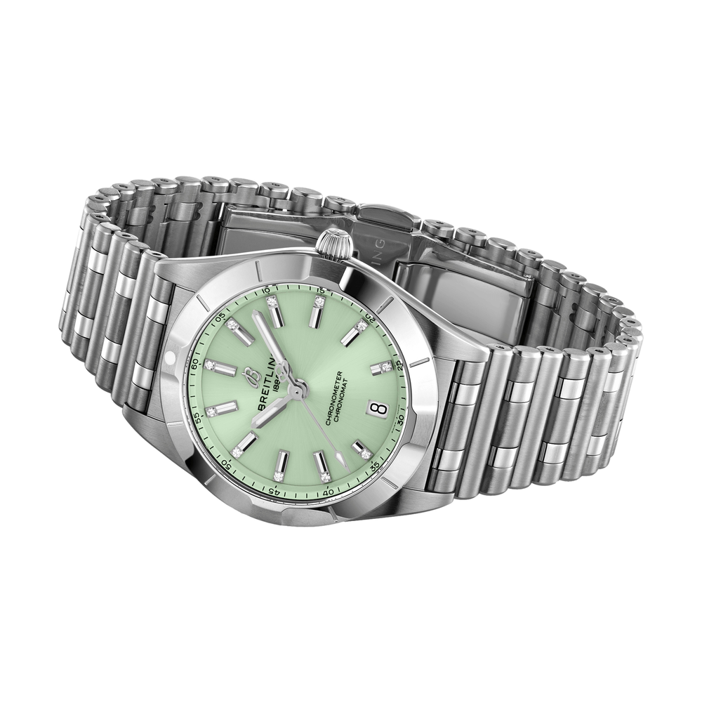 Chronomat 32mm Stainless Steel - Mint Green with Diamonds on Markers