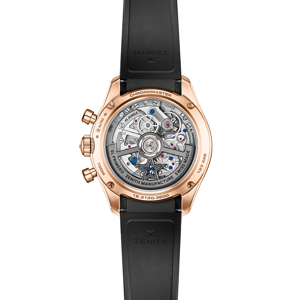 Back view of Chronomaster Sport Skeleton watch in 18K rose gold 41mm showing movement through the sapphire caseback