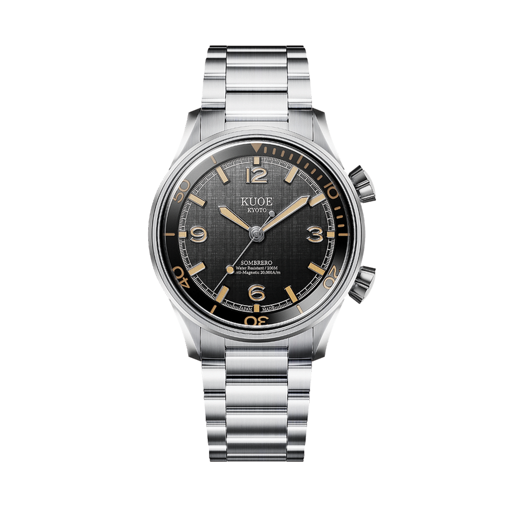 SOMBRERO 38mm - Black on Flat-Link Bracelet w/ Additional Leather Strap