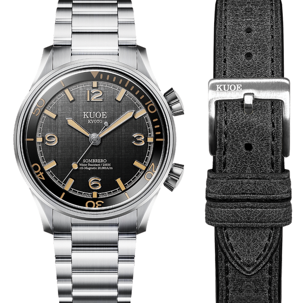 SOMBRERO 38mm - Black on Flat-Link Bracelet w/ Additional Leather Strap