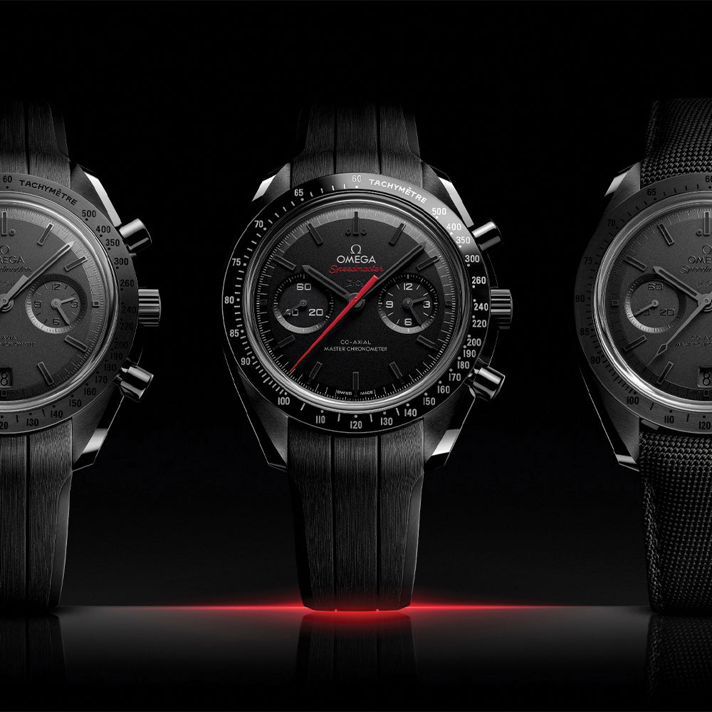 Speedmaster Dark Side of the Moon Black Ceramic 44.25mm - Full Black w/ Red Seconds Hand on Rubber Strap
