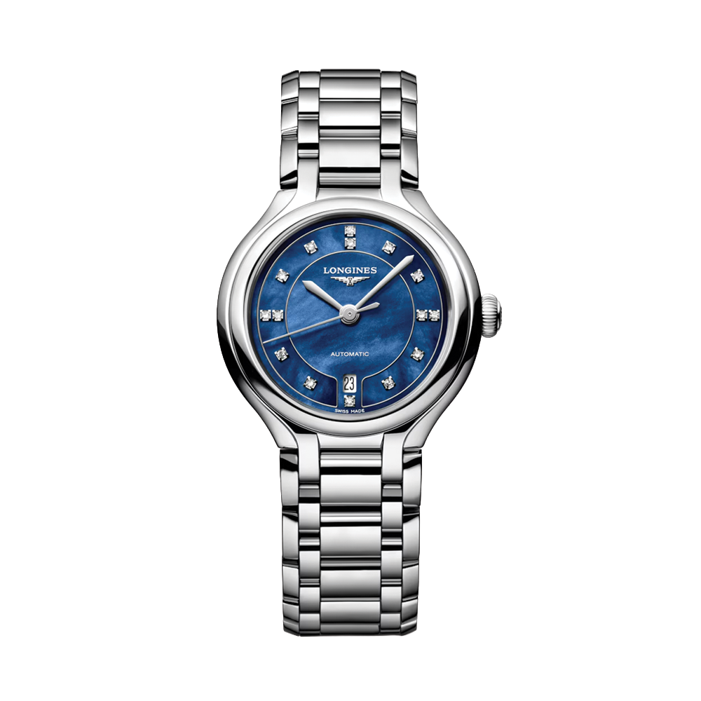 Longines Primaluna watch with blue mother-of-pearl dial diamond markers and stainless steel bracelet.