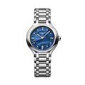Longines Primaluna watch with blue mother-of-pearl dial diamond markers and stainless steel bracelet.