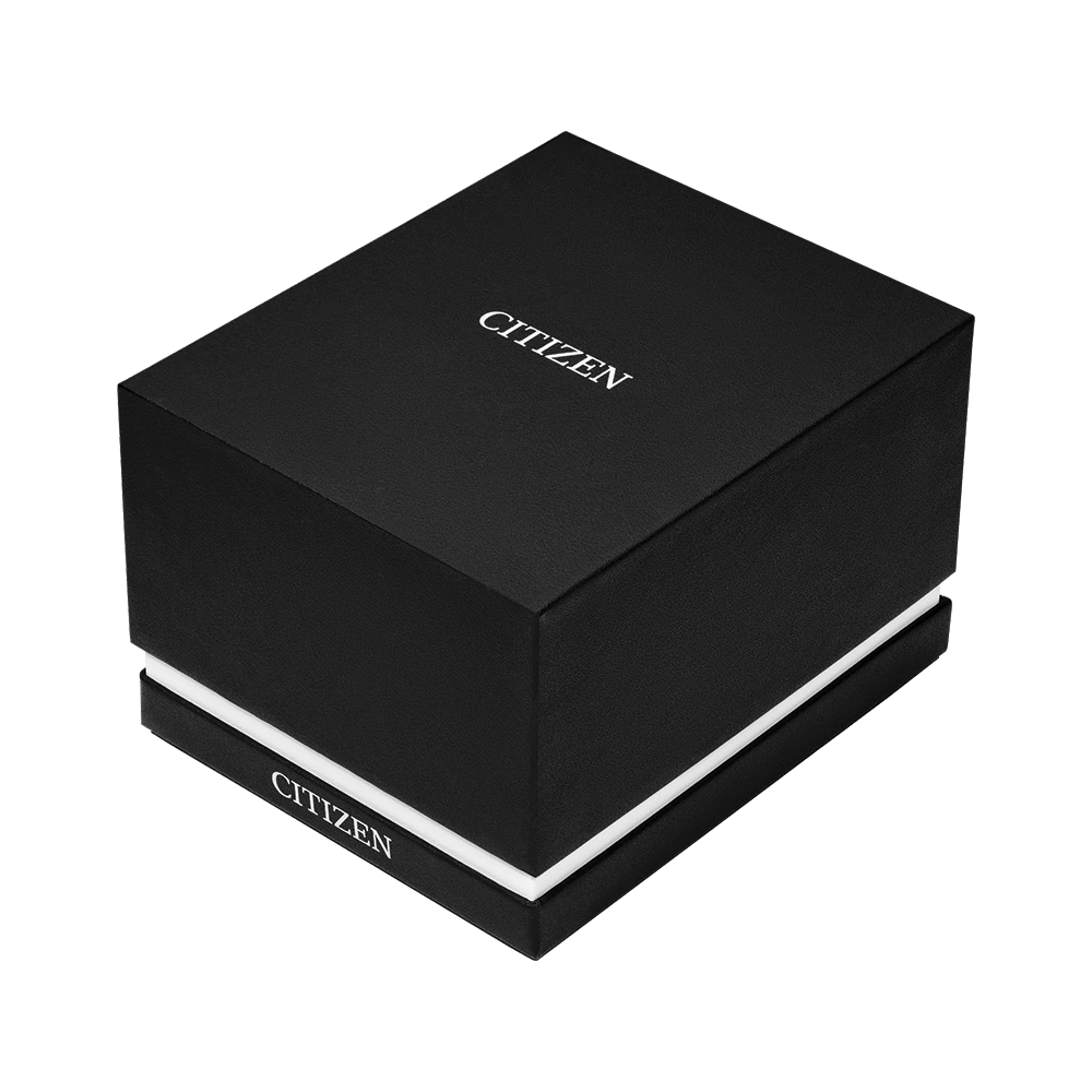 Black Citizen watch box with white logo on the lid and a white base trim