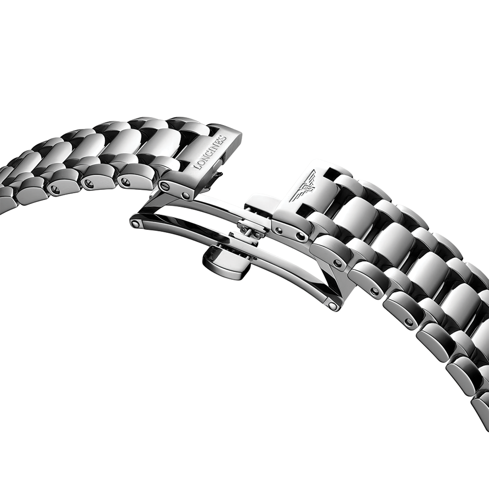 Close-up of the Longines deployment clasp on the Primaluna bracelet with logo.
