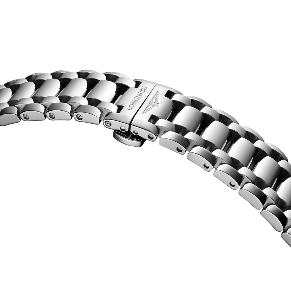 Close-up of Primaluna 30mm bracelet with polished links and Longines clasp.