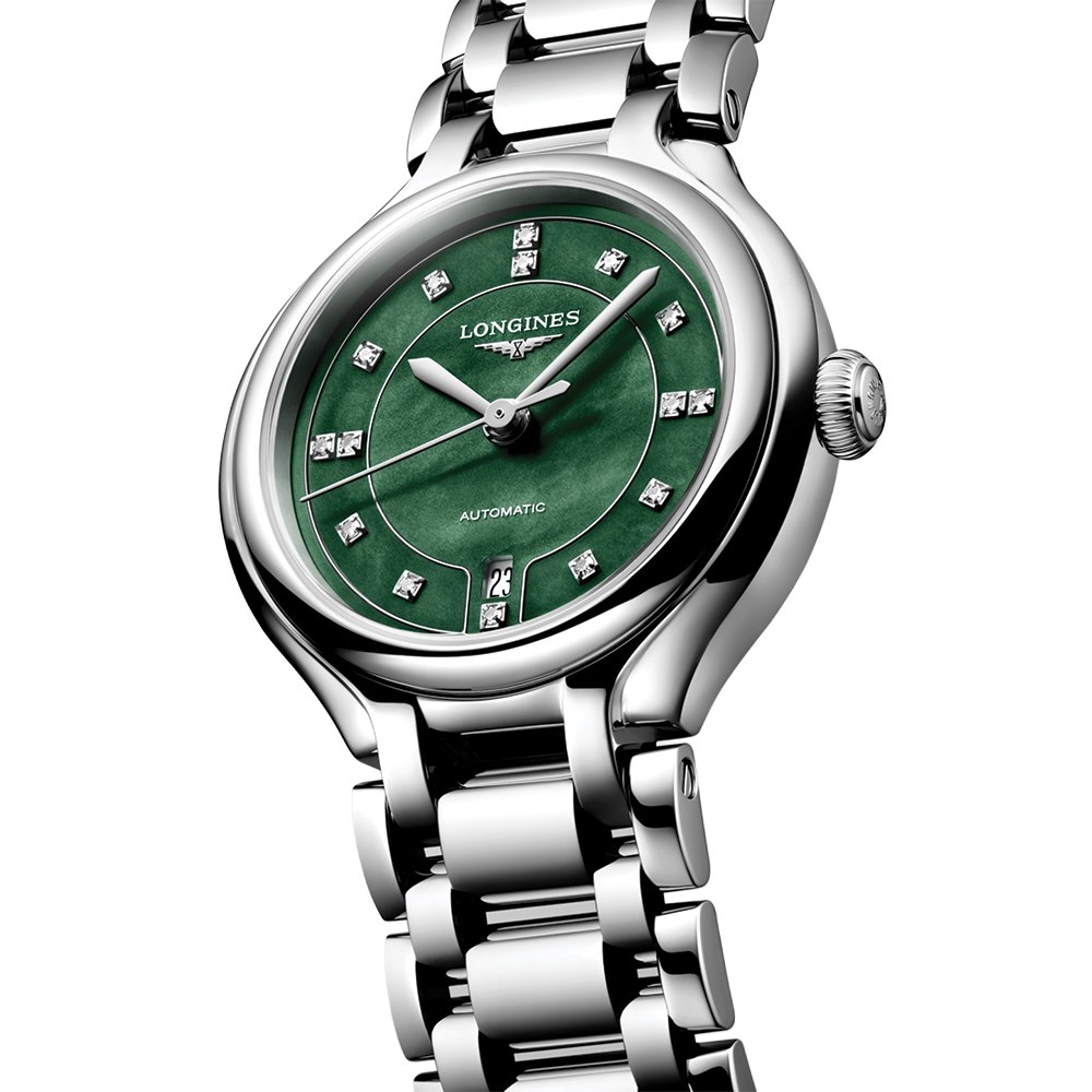 Angled close-up of Longines Primaluna watch with a green dial and polished steel bracelet.