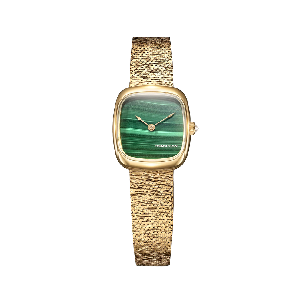 ALD Mini Malachite in Gold watch with green malachite dial on a gold bracelet.