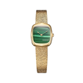ALD Mini Malachite in Gold watch with green malachite dial on a gold bracelet.