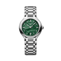 Longines Primaluna watch with a green mother-of-pearl dial, diamond markers, and stainless steel bracelet.