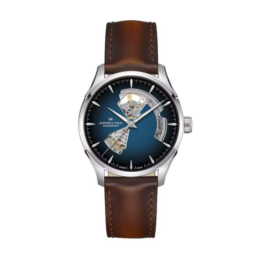Hamilton Jazzmaster Open Heart automatic watch with blue dial and visible skeleton movement on brown leather strap