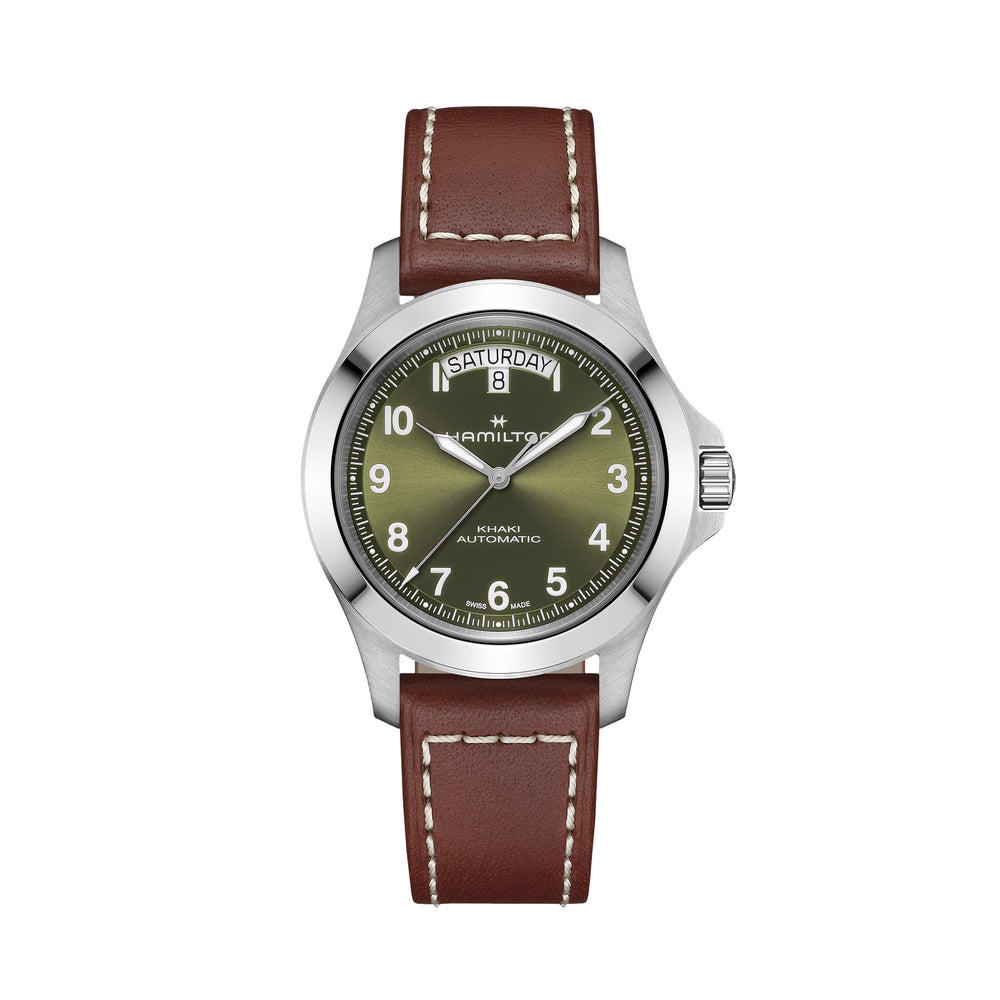Khaki Field Auto 40mm - Green on Brown Leather Strap