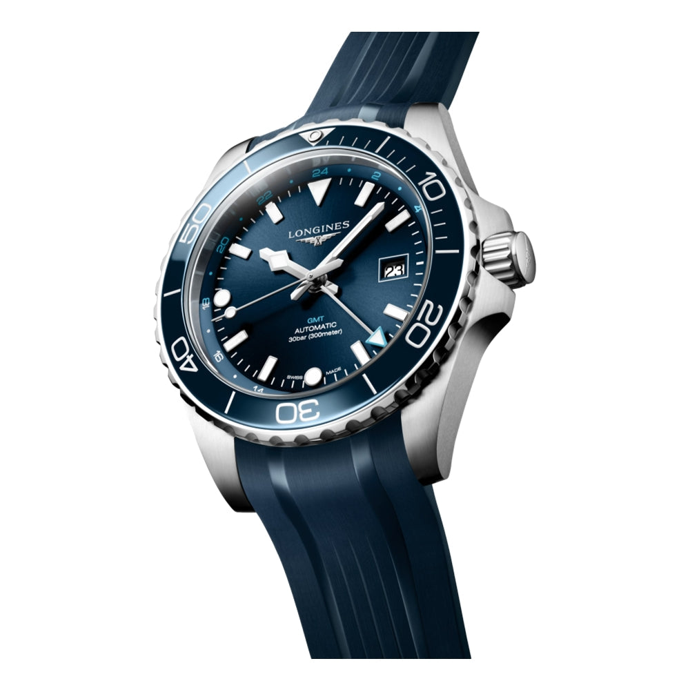 HydroConquest GMT Blue Dial 43mm on Rubber Strap