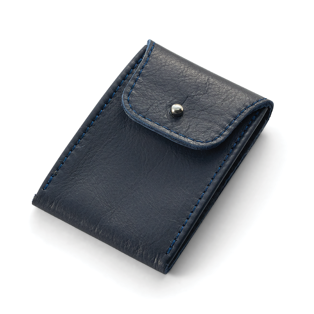 Navy blue leather mini watch pouch with contrast blue stitching and snap flap.