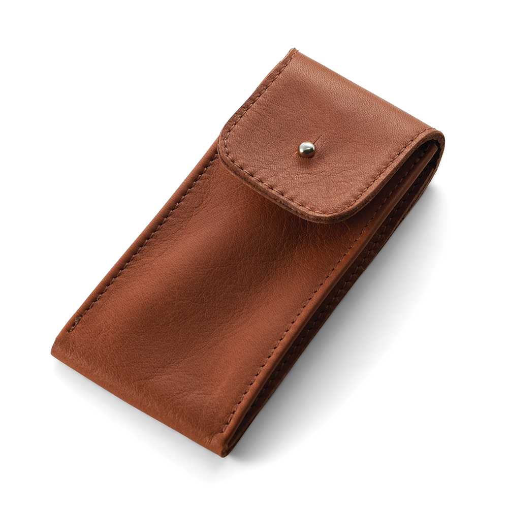 Brown leather Classic Single Watch Pouch with front flap and silver snap.