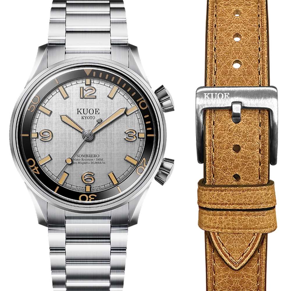 SOMBRERO 38mm - Silver on Flat-Link Bracelet w/ Additional Leather Strap