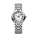 Primaluna 30mm watch in silver on bracelet with rose gold center links and blue hands on a white dial.