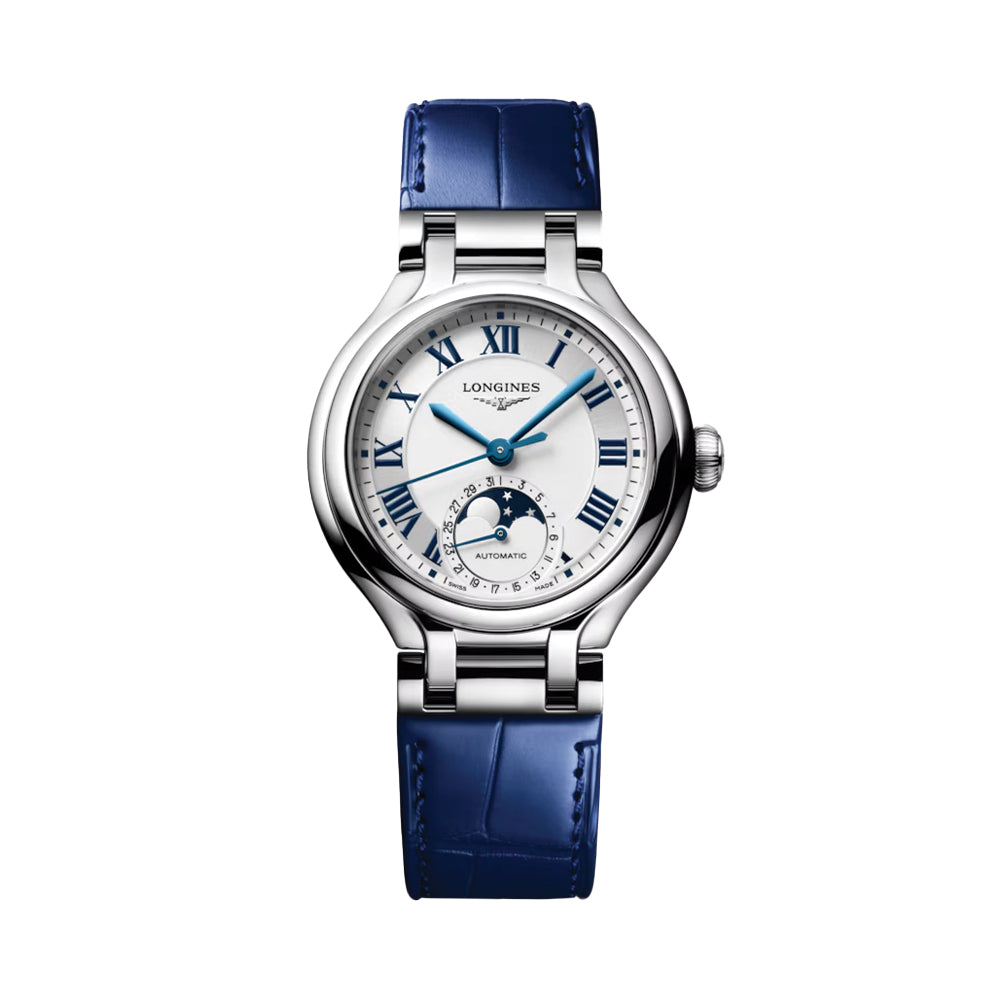 PrimaLuna Moonphase 34mm - Opaline Ivory on Blue Leather Strap