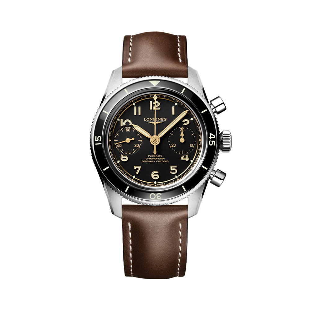 Longines Spirit Pilot Flyback watch with black dial two subdials and brown leather strap.