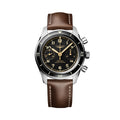 Longines Spirit Pilot Flyback watch with black dial two subdials and brown leather strap.