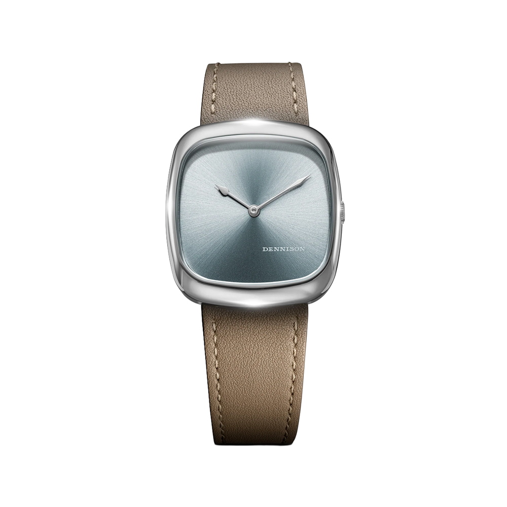 Stainless steel ALD Time Only Sunray Ice Blue 37mm watch with a blue sunburst dial and tan leather strap