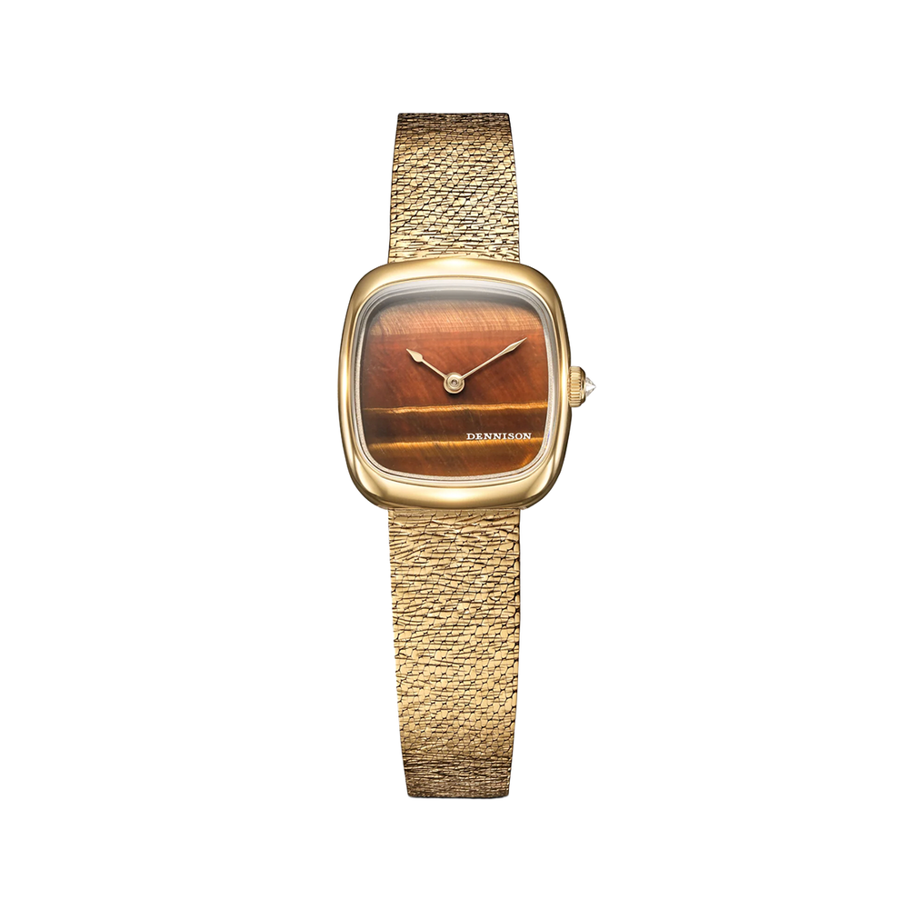 ALD Mini Tiger Eye in Gold watch with brown tiger eye dial on a gold bracelet.