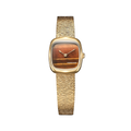 ALD Mini Tiger Eye in Gold watch with brown tiger eye dial on a gold bracelet.