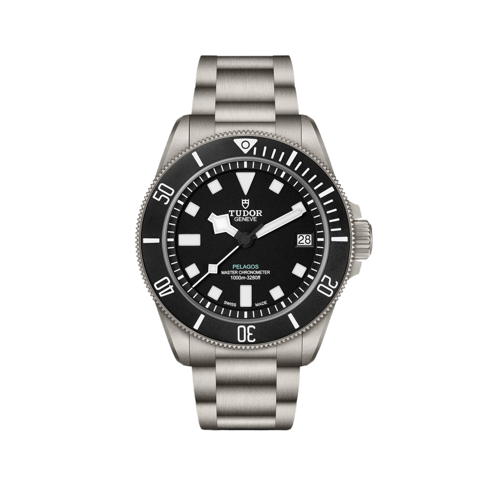 Pelagos Ultra Titanium 43mm watch with black dial on titanium bracelet and an extra rubber strap.