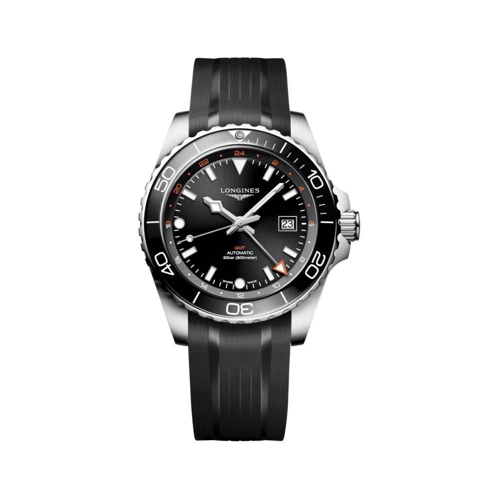 HydroConquest GMT Black Dial 43mm on Rubber Strap