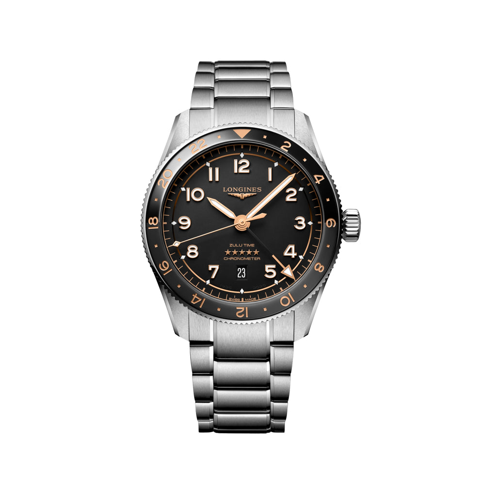 Spirit Zulu Time 42mm watch with brushed stainless steel bracelet and black dial with rose gold accents