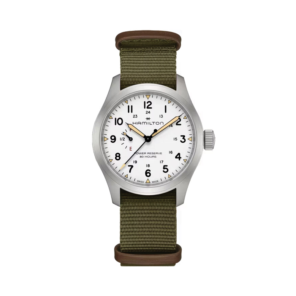 Khaki Field Mechanical Power Reserve 40mm - White on Fabric Strap
