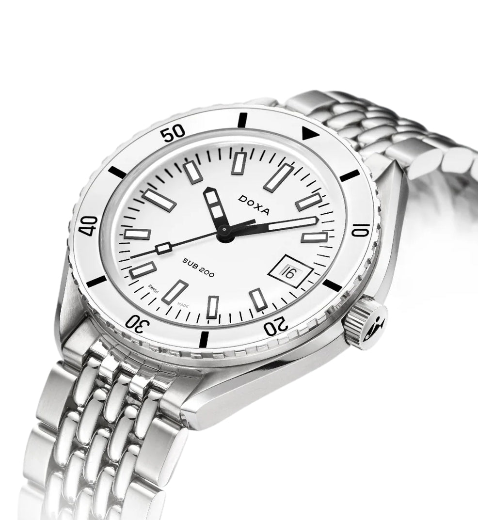 SUB 200 Whitepearl Sapphire Inlay Bezel 42mm - White on Bracelet