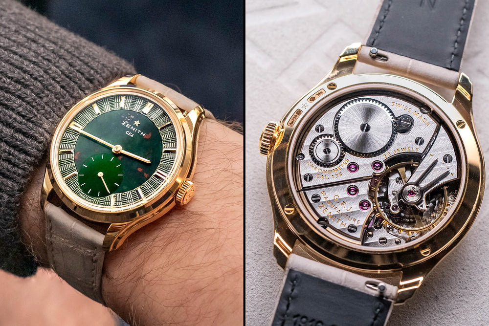 On-wrist Zenith G.F.J. yellow-gold bloodstone dial beside its movement view