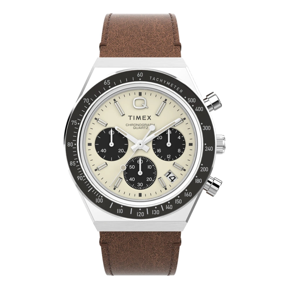 Q Timex Chronograph 40mm Leather Strap Watch - Cream Dial