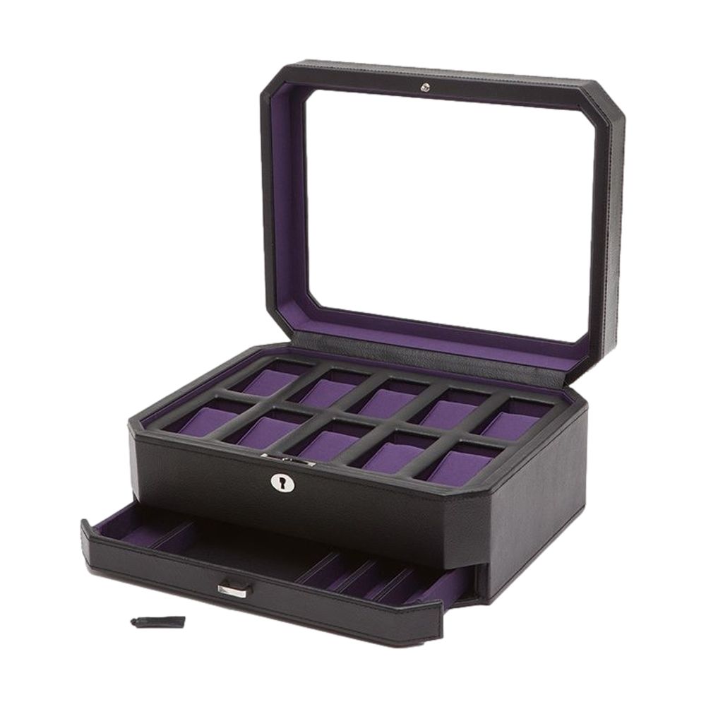 Windsor 10 Piece Watch Box with Drawer Black/Purple
